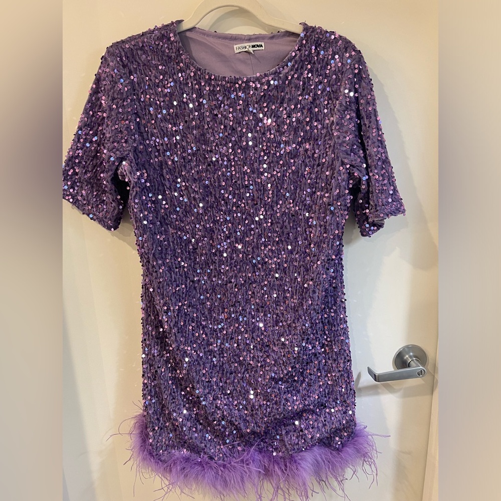 Fashion Nova Purple Sequin Mini Dress with Feather Hem